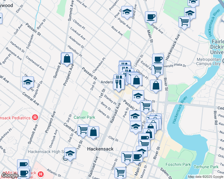 map of restaurants, bars, coffee shops, grocery stores, and more near 169 Passaic Street in Hackensack