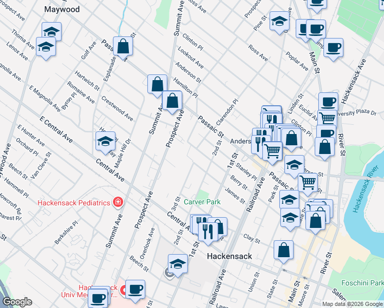 map of restaurants, bars, coffee shops, grocery stores, and more near 282 James Street in Hackensack