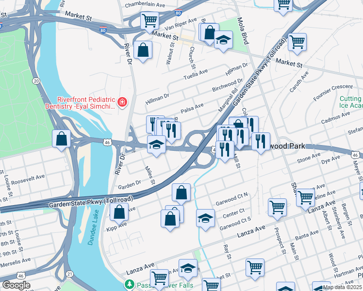 map of restaurants, bars, coffee shops, grocery stores, and more near 88 U.S. 46 in Elmwood Park