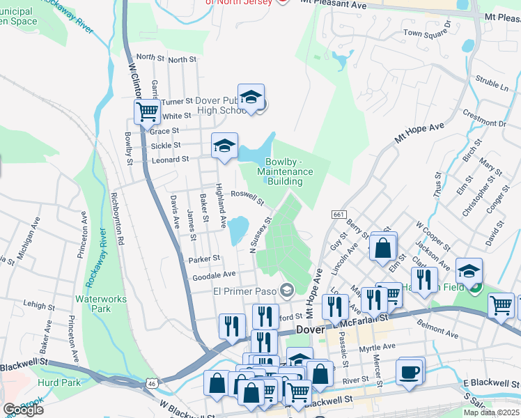 map of restaurants, bars, coffee shops, grocery stores, and more near 211 North Sussex Street in Dover