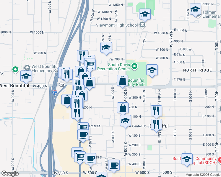 map of restaurants, bars, coffee shops, grocery stores, and more near 363 North 300 West in Bountiful