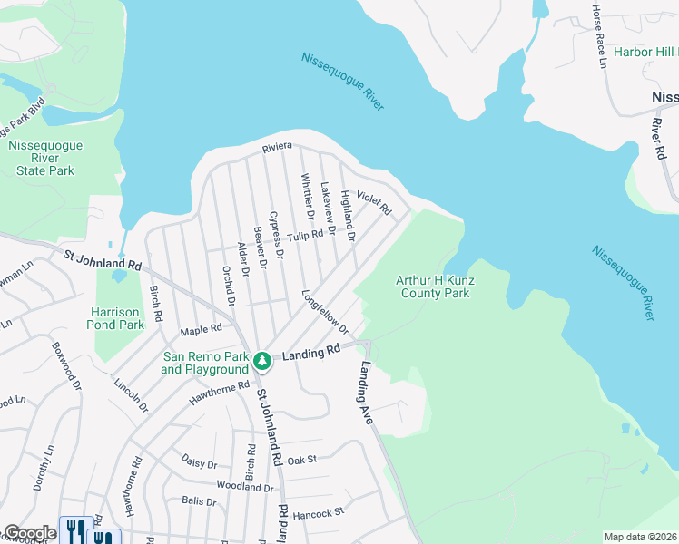 map of restaurants, bars, coffee shops, grocery stores, and more near 88 Walnut Road in Kings Park