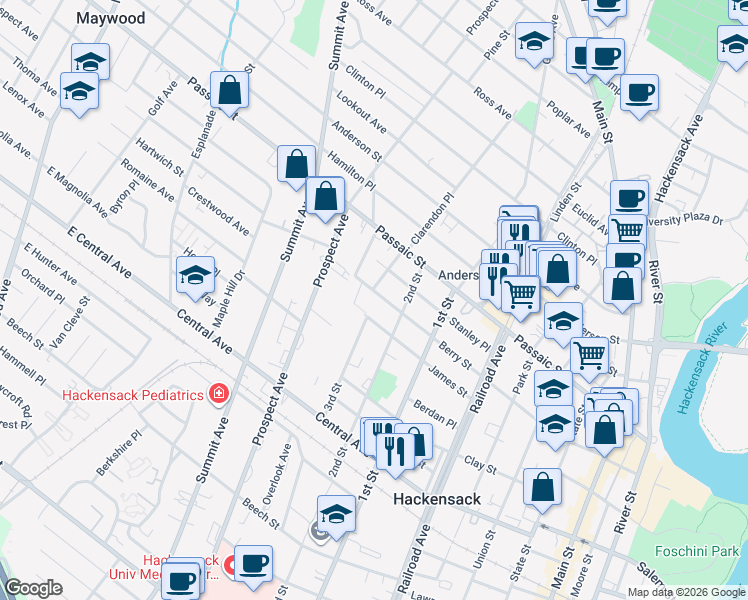 map of restaurants, bars, coffee shops, grocery stores, and more near 282 James Street in Hackensack