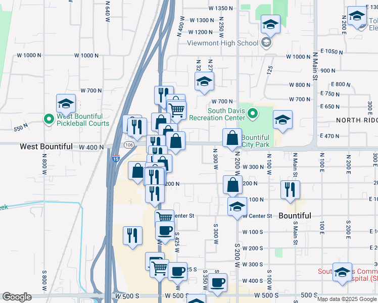map of restaurants, bars, coffee shops, grocery stores, and more near 379 West 400 North in Bountiful