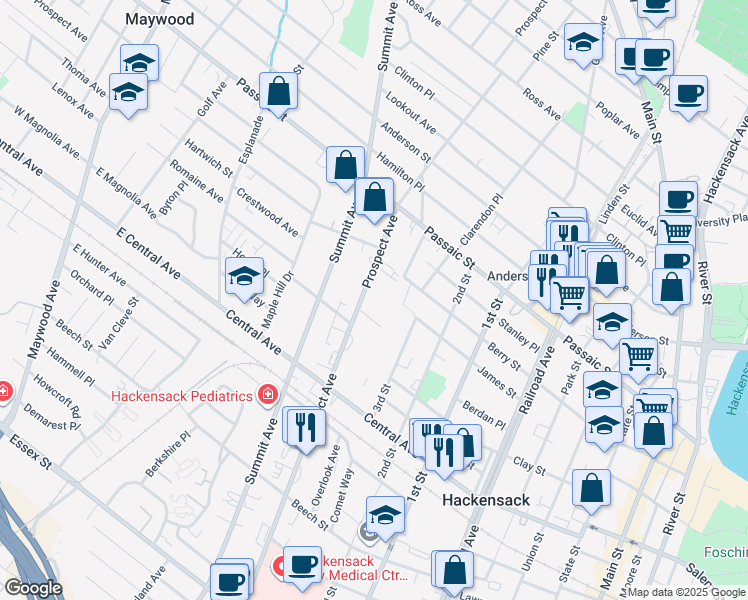 map of restaurants, bars, coffee shops, grocery stores, and more near 326 Prospect Avenue in Hackensack