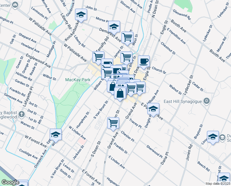 map of restaurants, bars, coffee shops, grocery stores, and more near 16 East Palisade Avenue in Englewood