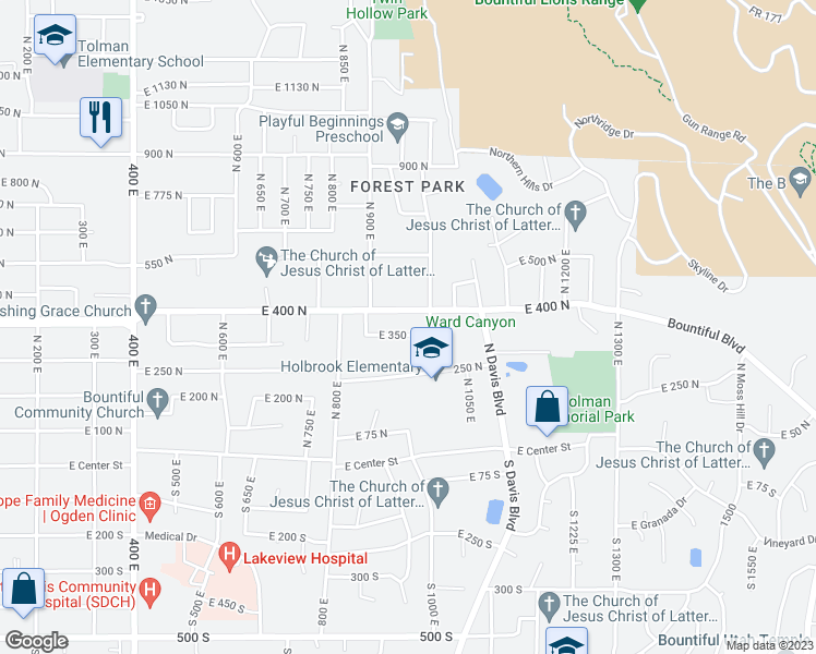 map of restaurants, bars, coffee shops, grocery stores, and more near 967 East 350 North in Bountiful