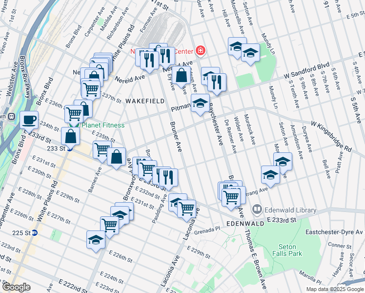 map of restaurants, bars, coffee shops, grocery stores, and more near 4131 Bruner Avenue in Bronx