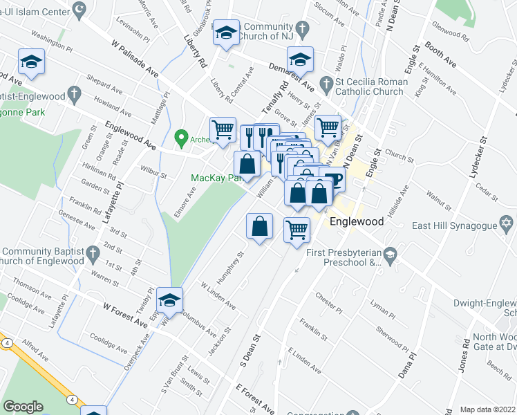 map of restaurants, bars, coffee shops, grocery stores, and more near 65 William Street in Englewood