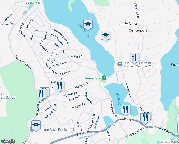 map of restaurants, bars, coffee shops, grocery stores, and more near 9 Pond Court in Huntington
