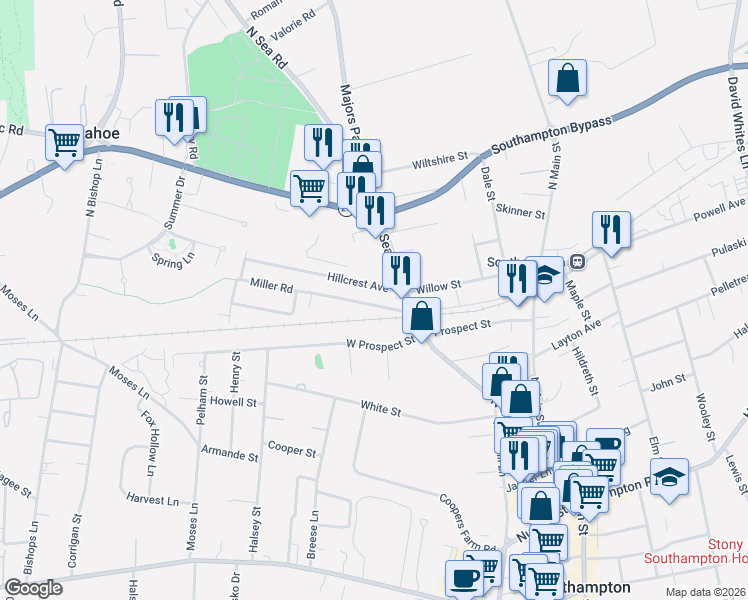 map of restaurants, bars, coffee shops, grocery stores, and more near 54 Miller Road in Southampton