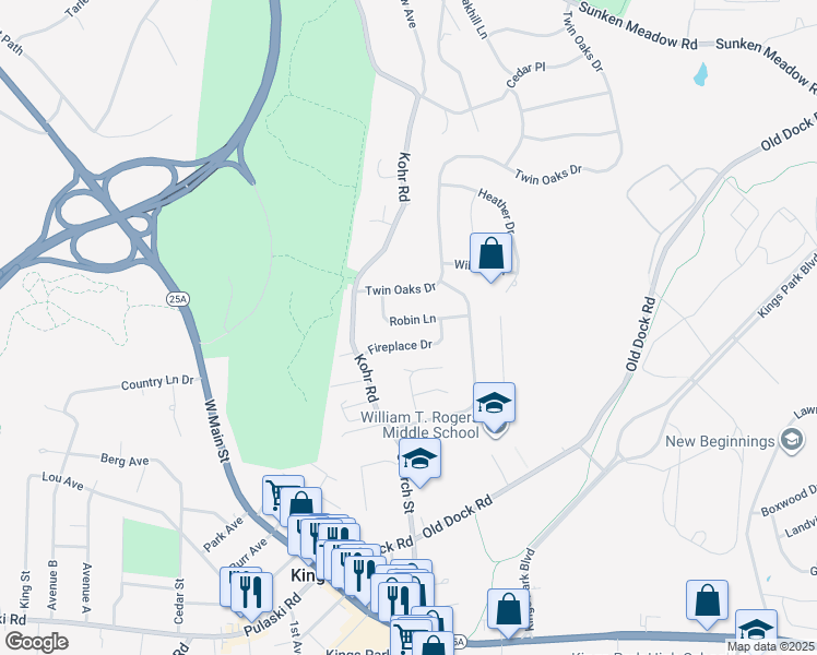 map of restaurants, bars, coffee shops, grocery stores, and more near 15 Fireplace Drive in Kings Park