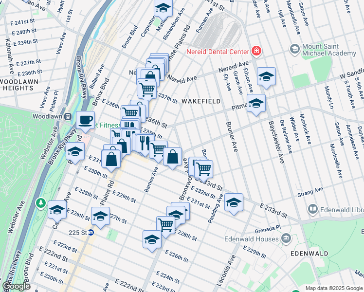 map of restaurants, bars, coffee shops, grocery stores, and more near 4210 Bronxwood Avenue in Bronx