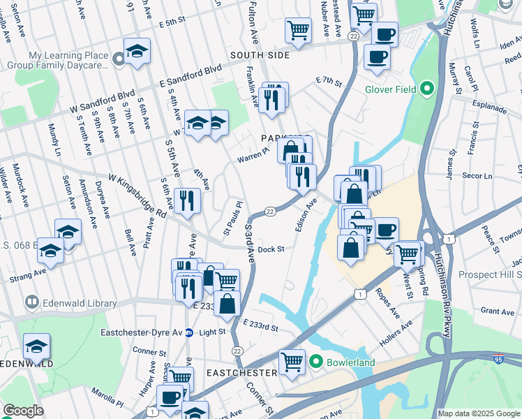map of restaurants, bars, coffee shops, grocery stores, and more near 745 South 3rd Avenue in Mount Vernon