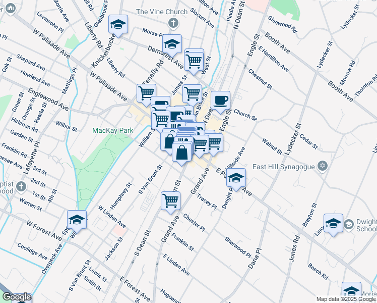 map of restaurants, bars, coffee shops, grocery stores, and more near 16 East Palisade Avenue in Englewood