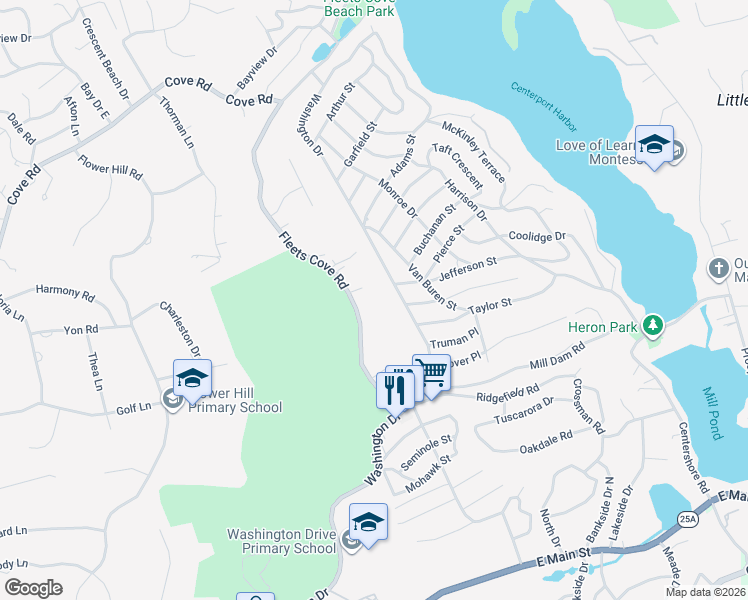 map of restaurants, bars, coffee shops, grocery stores, and more near 35 Fleets Cove Road in Huntington