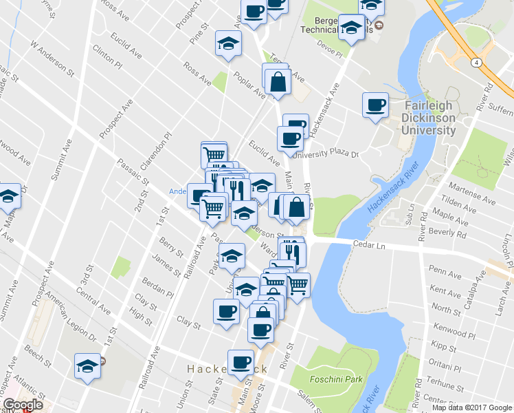 map of restaurants, bars, coffee shops, grocery stores, and more near 20 Pangborn Place in Hackensack