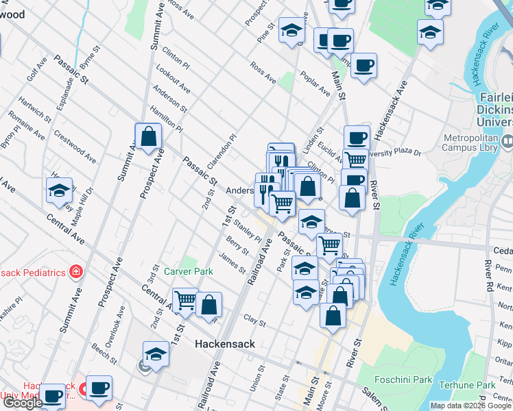 map of restaurants, bars, coffee shops, grocery stores, and more near 169 Passaic Street in Hackensack
