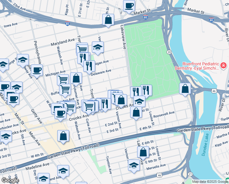 map of restaurants, bars, coffee shops, grocery stores, and more near 405 Knickerbocker Avenue in Paterson