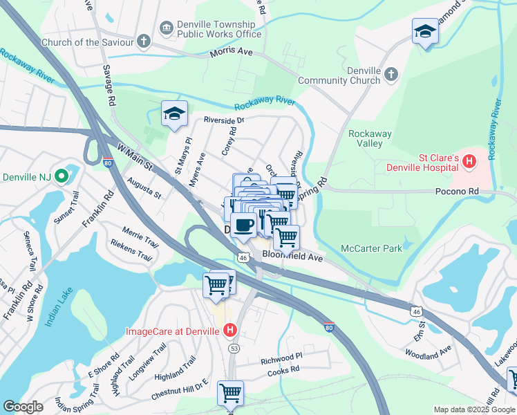 map of restaurants, bars, coffee shops, grocery stores, and more near 6 Broadway in Denville