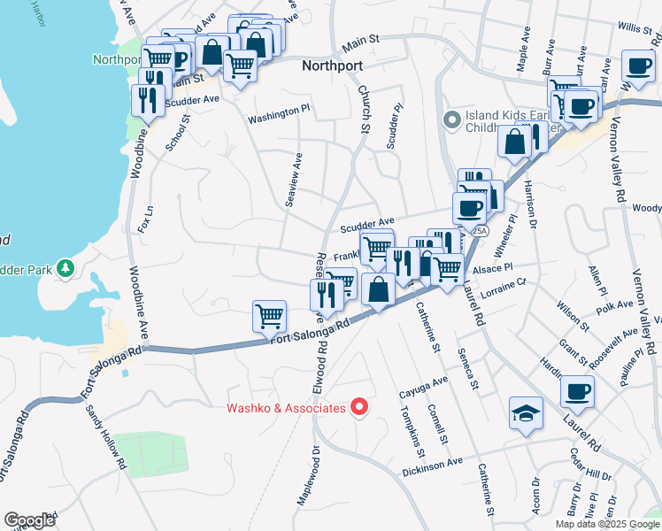 map of restaurants, bars, coffee shops, grocery stores, and more near 54 Lincoln Avenue in Northport