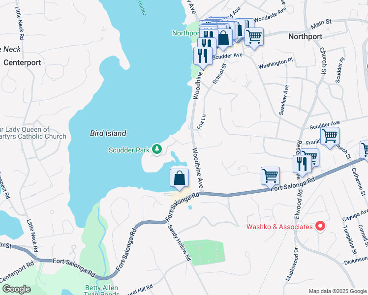 map of restaurants, bars, coffee shops, grocery stores, and more near 10 Beach Avenue in Northport