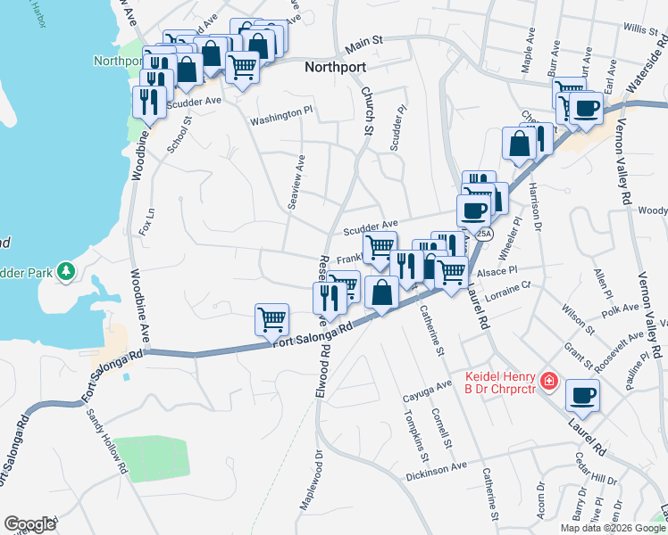 map of restaurants, bars, coffee shops, grocery stores, and more near 54 Lincoln Avenue in Northport