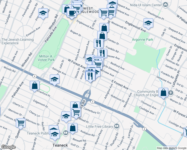 map of restaurants, bars, coffee shops, grocery stores, and more near 1150 Teaneck Road in Teaneck