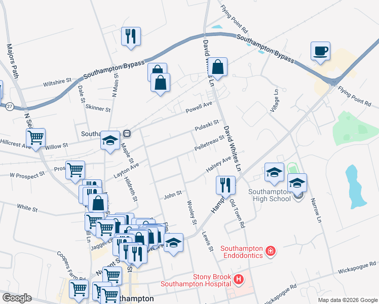 map of restaurants, bars, coffee shops, grocery stores, and more near 104 Pelletreau Street in Southampton