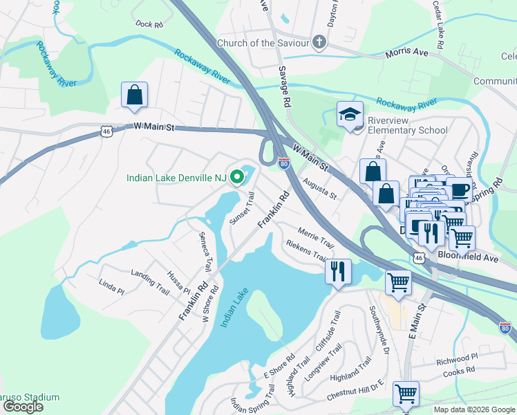 map of restaurants, bars, coffee shops, grocery stores, and more near 53 Franklin Road in Denville