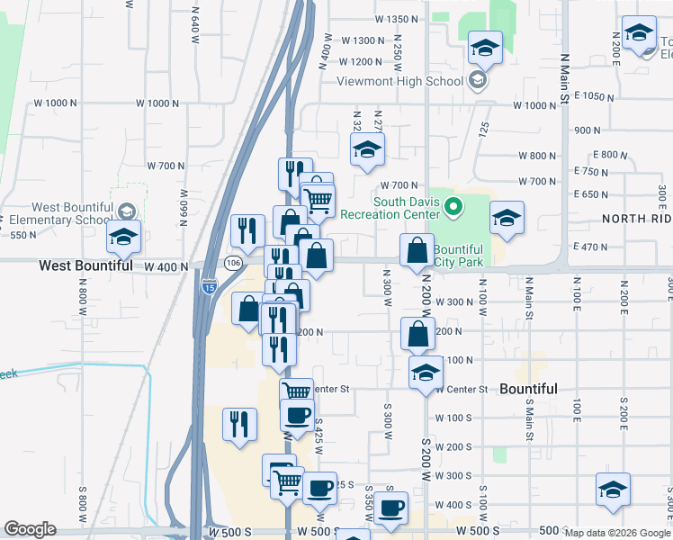 map of restaurants, bars, coffee shops, grocery stores, and more near 403 West 400 North in Bountiful