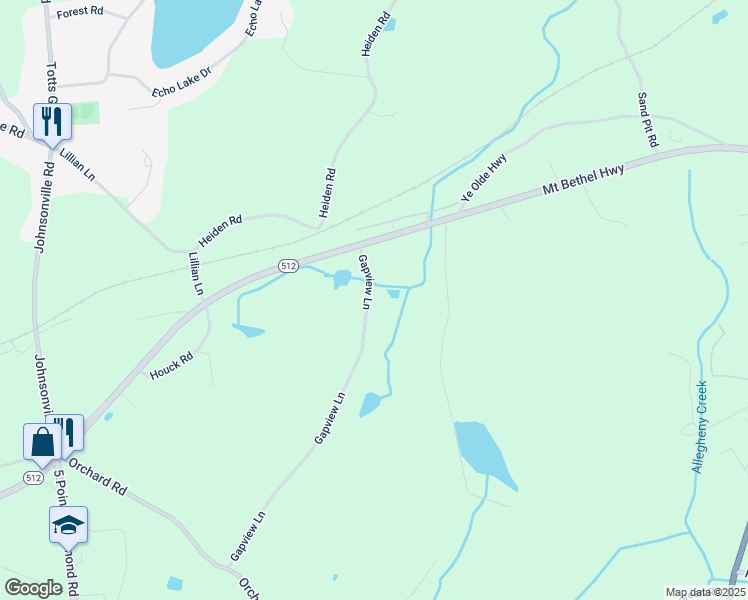 map of restaurants, bars, coffee shops, grocery stores, and more near 447 Gapview Lane in Mount Bethel