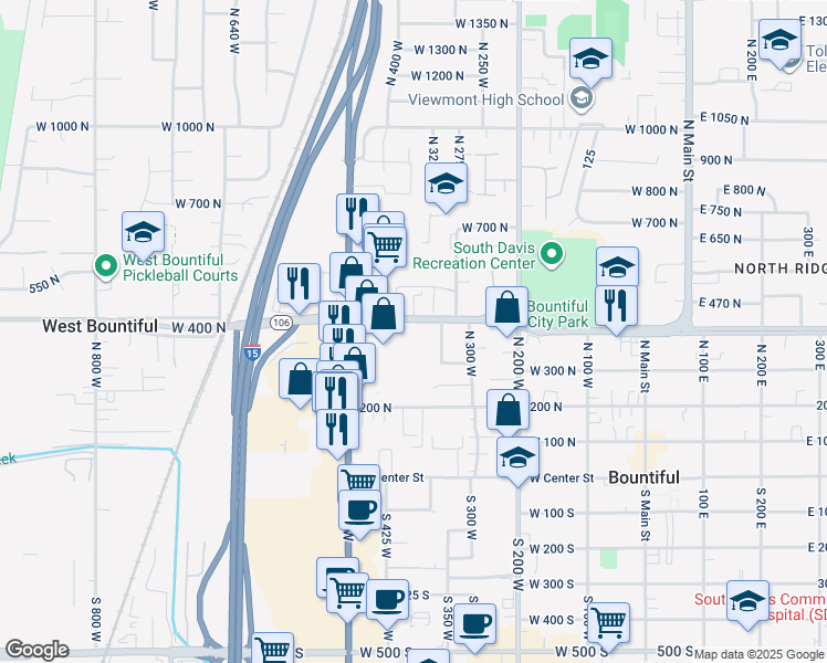 map of restaurants, bars, coffee shops, grocery stores, and more near 379 West 400 North in Bountiful