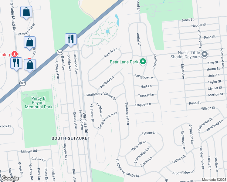 map of restaurants, bars, coffee shops, grocery stores, and more near 96 Strathmore Village Drive in Centereach