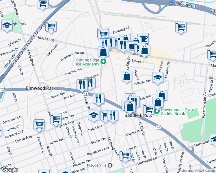 map of restaurants, bars, coffee shops, grocery stores, and more near 102 Midland Avenue in Garfield