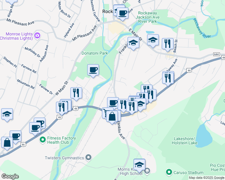 map of restaurants, bars, coffee shops, grocery stores, and more near 205 Franklin Avenue in Rockaway
