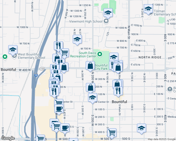 map of restaurants, bars, coffee shops, grocery stores, and more near 332 North 300 West in Bountiful
