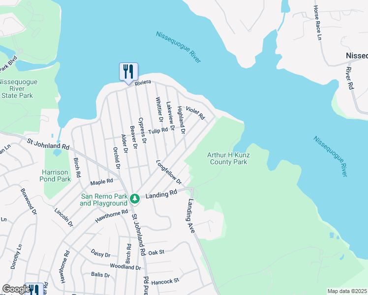 map of restaurants, bars, coffee shops, grocery stores, and more near 107 Walnut Road in Kings Park