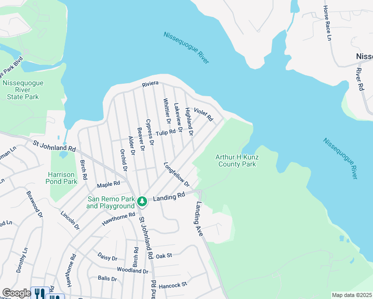 map of restaurants, bars, coffee shops, grocery stores, and more near 88 Walnut Road in Kings Park