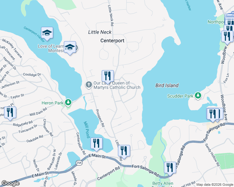 map of restaurants, bars, coffee shops, grocery stores, and more near 43 Sea Spray Drive in Centerport