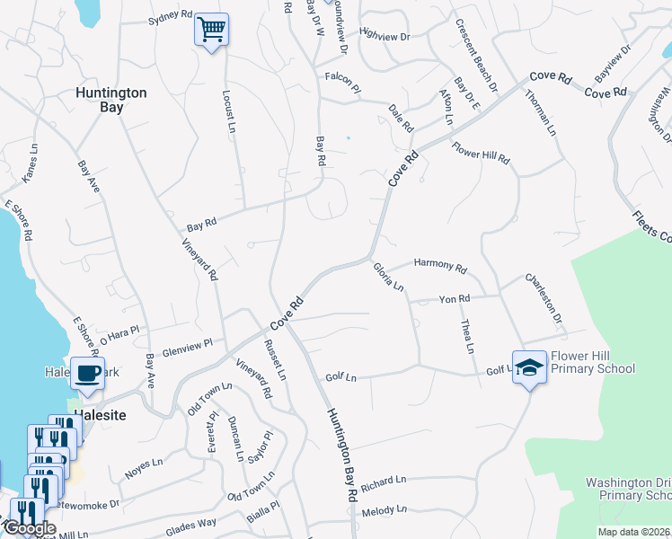 map of restaurants, bars, coffee shops, grocery stores, and more near 40 Cove Road in Huntington