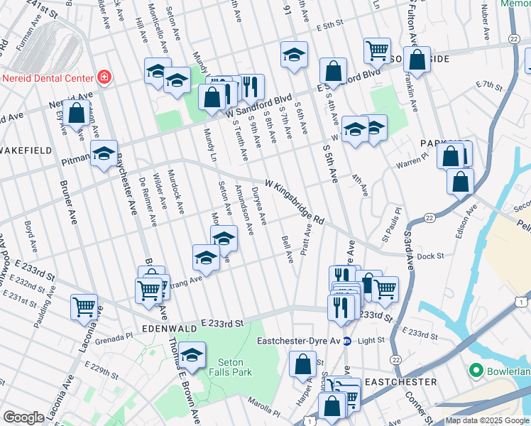 map of restaurants, bars, coffee shops, grocery stores, and more near 4044 Duryea Avenue in Bronx