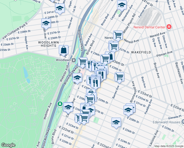 map of restaurants, bars, coffee shops, grocery stores, and more near 645 East 231st Street in Bronx