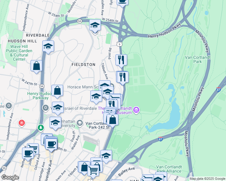 map of restaurants, bars, coffee shops, grocery stores, and more near 221 West 246th Street in Bronx