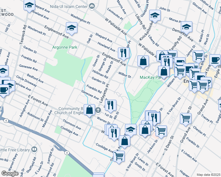 map of restaurants, bars, coffee shops, grocery stores, and more near 153 Lafayette Place in Englewood