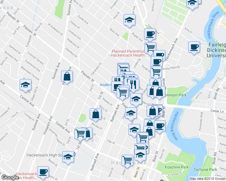 map of restaurants, bars, coffee shops, grocery stores, and more near 169 Passaic Street in Hackensack