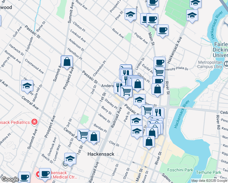 map of restaurants, bars, coffee shops, grocery stores, and more near 169 Passaic Street in Hackensack