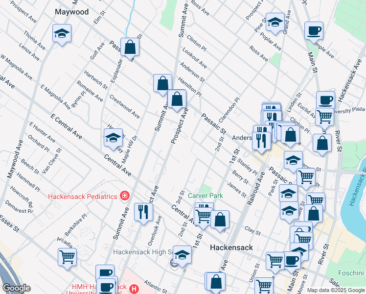 map of restaurants, bars, coffee shops, grocery stores, and more near 326 Prospect Avenue in Hackensack