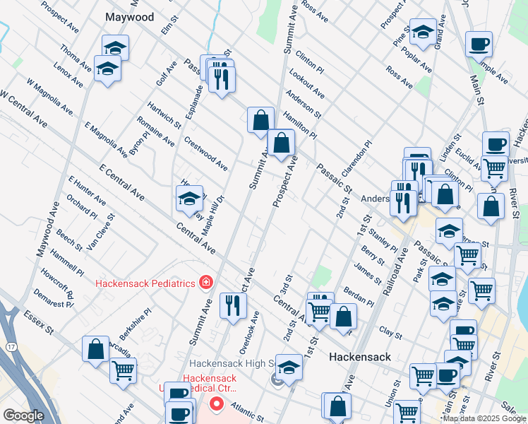 map of restaurants, bars, coffee shops, grocery stores, and more near 307 Prospect Avenue in Hackensack