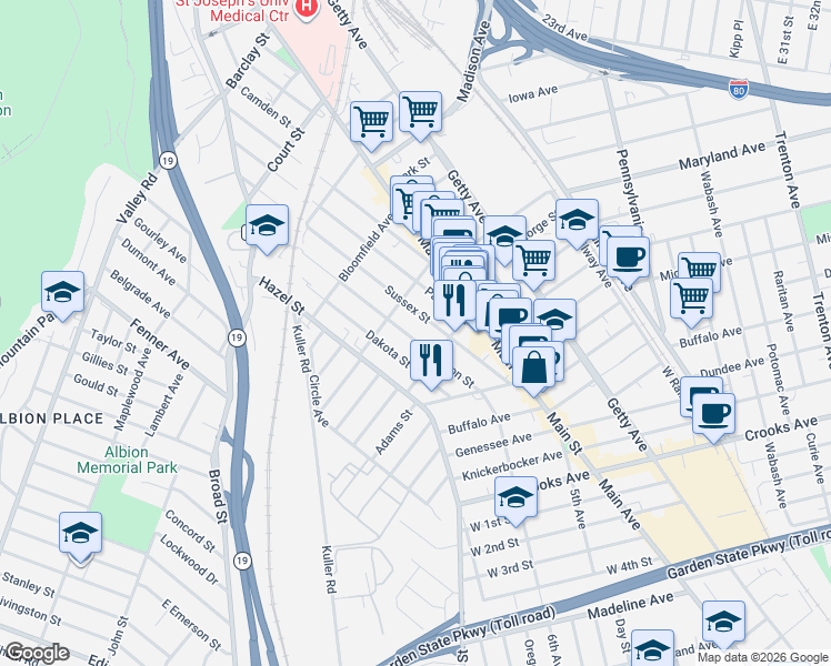 map of restaurants, bars, coffee shops, grocery stores, and more near 351 Dakota Street in Paterson